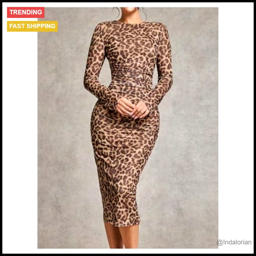 Mesh Long Sleeve Bodycon Midi Dress Elegant Cocktail Party Evening Wear - Picture 5 of 5